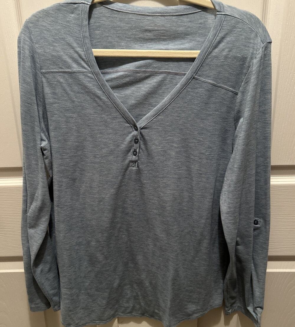 Eddie Bauer Women Top L Blue Long Sleeve W/ Roll Tab Sleeves